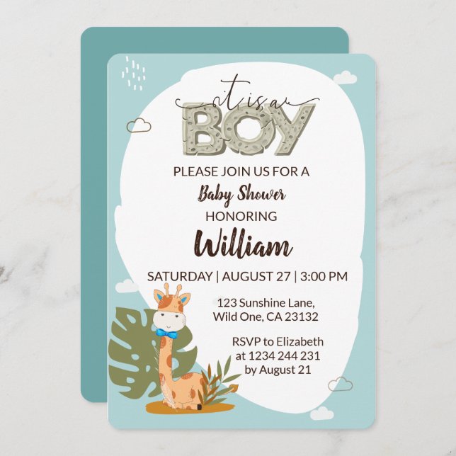 It is a Boy Baby Giraffe Baby Shower Invitation (Front/Back)