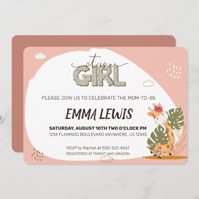 It is a Girl Baby Giraffe, Baby Shower Invitation (Front/Back)