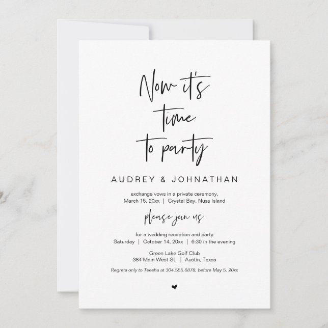 It is time to party, Black, Wedding Elopement Invitation (Front)