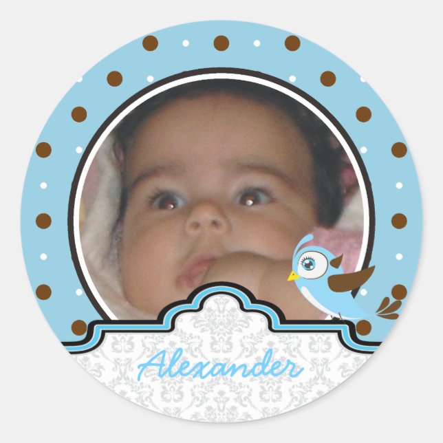 It’s a boy baby birth polkadot photo announcement classic round sticker (Front)