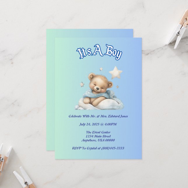 “It’s A Boy” Baby Shower Party Decor – Teddy Bear  Invitation (Front/Back In Situ)