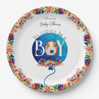 It’s a boy blue balloon guinea pig baby shower paper plate