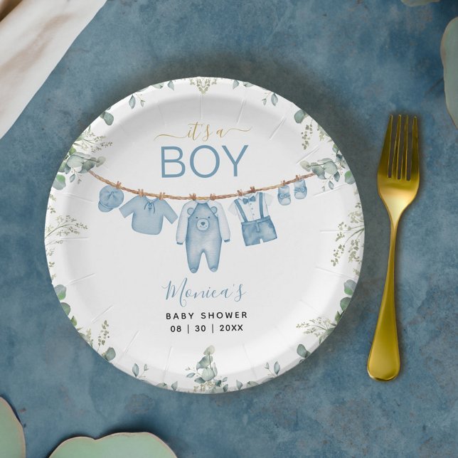 It’s A Boy Blue Boho Clothes Greenery Baby Shower Paper Plate (It’s a Boy Blue Boho Clothes Greenery Baby Shower Paper Plates)