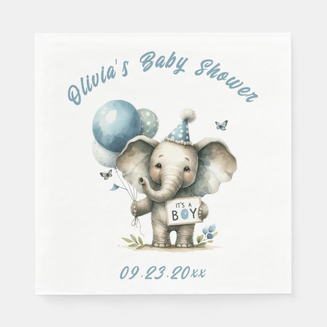 It’s a Boy Blue Elephant Animal Theme Baby Shower Napkin (Front)