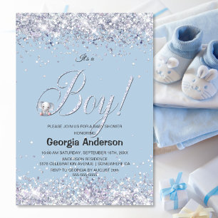 It’s a Boy Blue Elephant Glitter Baby Shower Invitation
