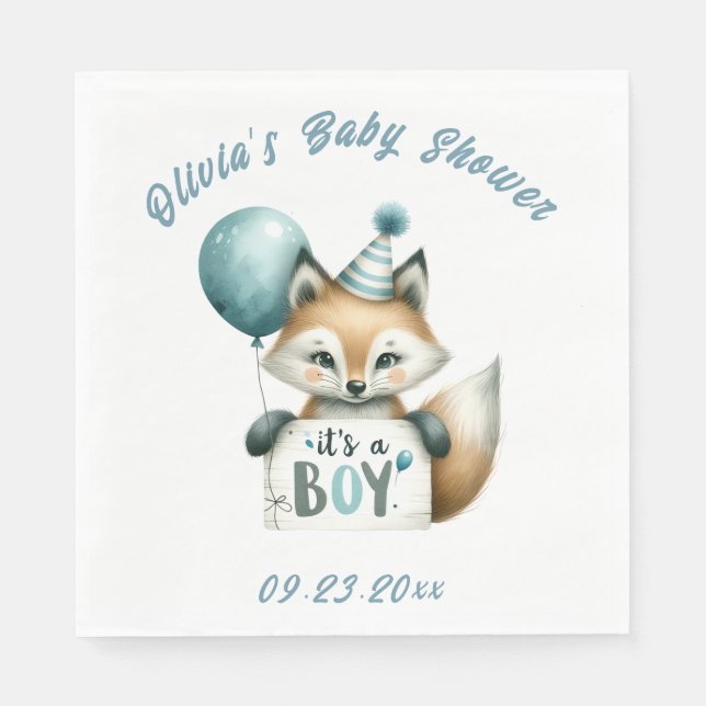 It’s a Boy Blue Fox Animal Theme Baby Shower Napkin (Front)