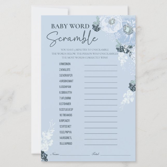 It’s A Boy Floral Baby Shower Word Scramble Game (Front)
