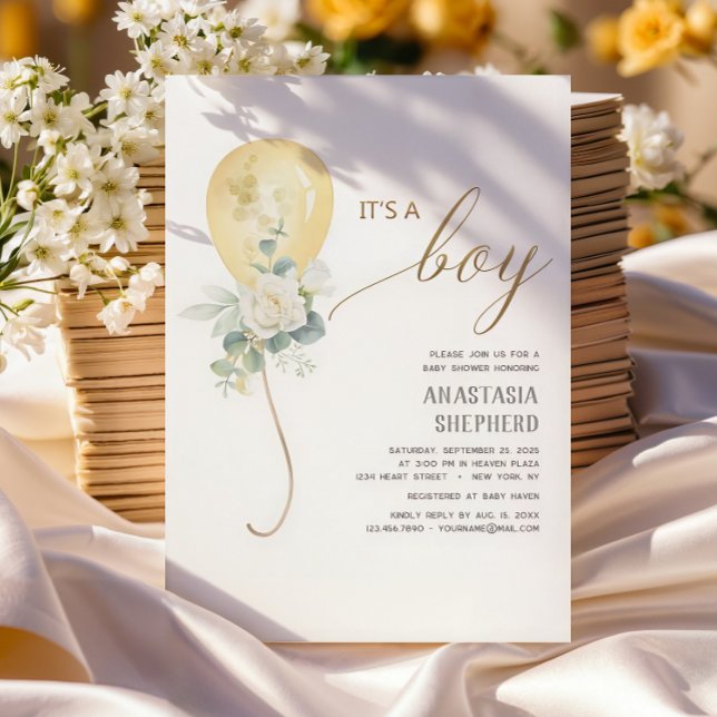 It’s A Boy Gold Balloon & Greenery Baby Shower  Invitation (Creator Uploaded)