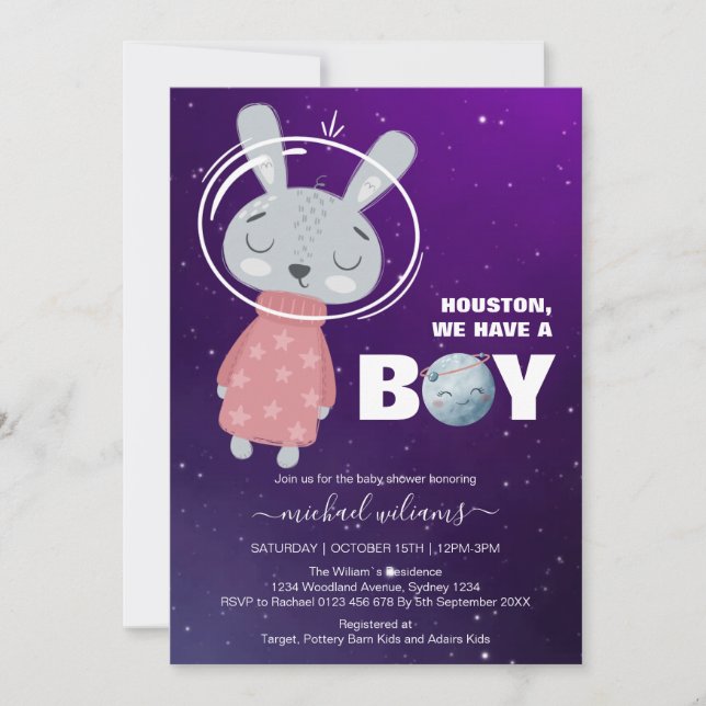 It`s a boy space rabbit baby shower invitation (Front)
