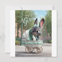 It’s a Girl Baby: Cute Bunny in Green Stroller