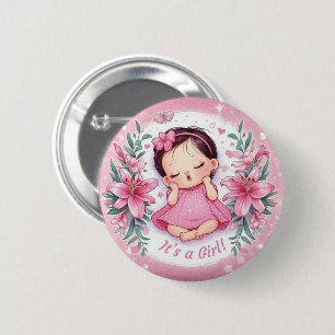 It’s a Girl Baby Shower Pink Badge with Cute Baby 