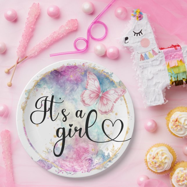 It’s a girl Colour ink Butterfly Paper Plate (Party)