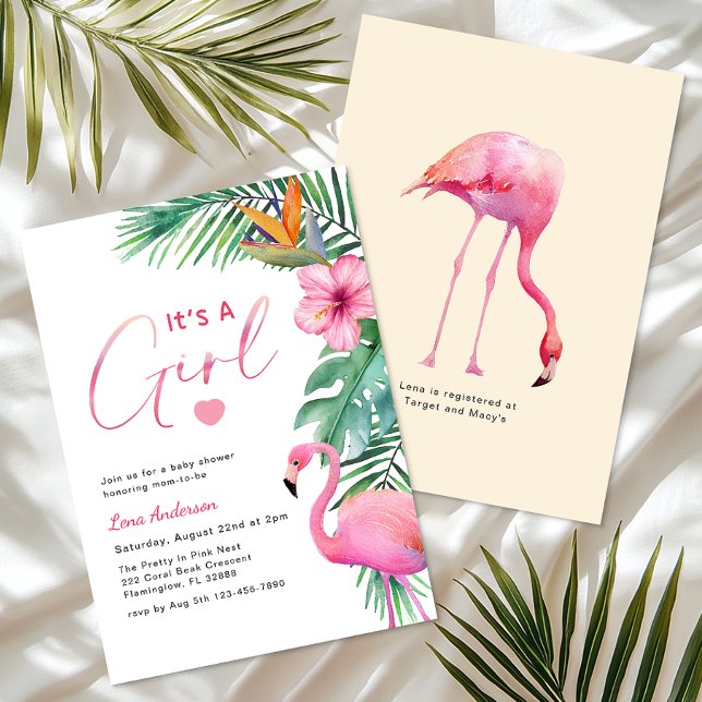 It’s a Girl Flamingo Baby Shower Invite (It's Girl Tropical Flamingo Baby Shower)