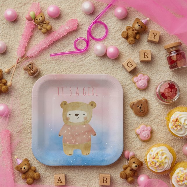 It’s a Girl pastel cute Bear Pink Baby Shower Paper Plate (It’s a Girl pastel cute Bear Pink Baby Shower Paper Plates.)