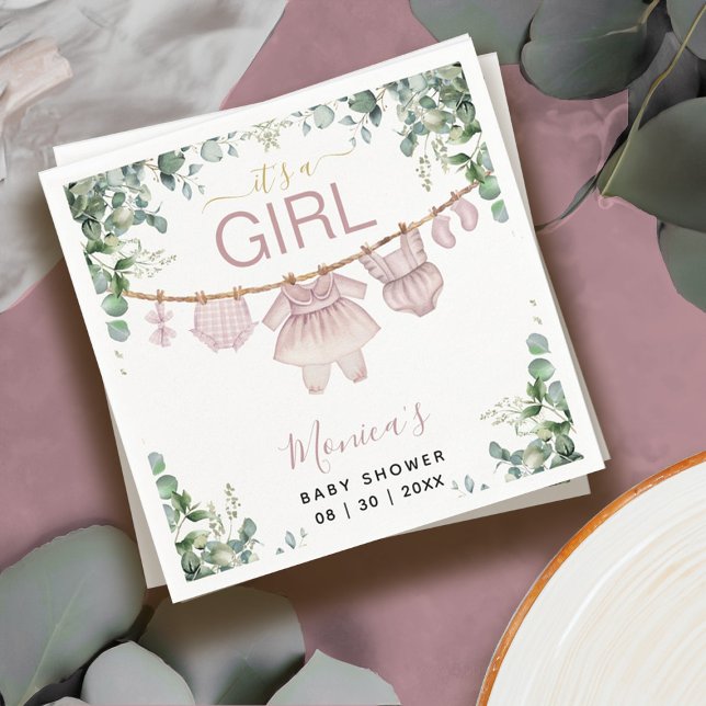 It’s A Girl Pink Boho Clothes Greenery Baby Shower Napkin (It’s A Girl Pink Boho Clothes Greenery Baby Shower Napkins)