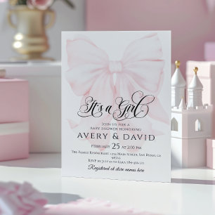 It’s a Girl Pink Bow Modern Elegant Baby Shower Invitation