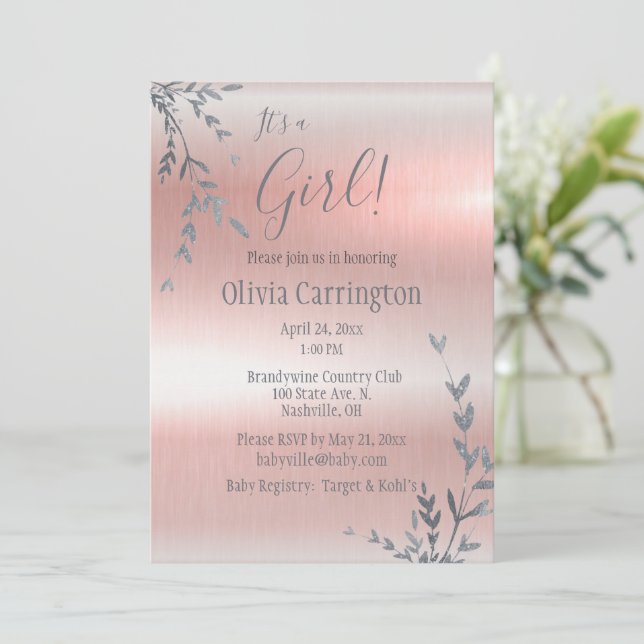 It’s a GIRL Pink Metallic Silver Leaf Baby Shower Invitation (Standing Front)