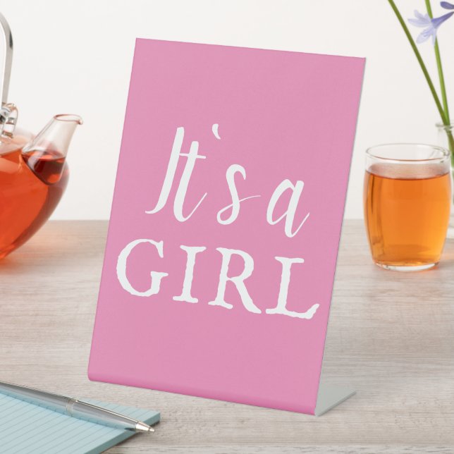 It`s a Girl Pink Typography Baby Shower Pedestal Sign (In SItu)