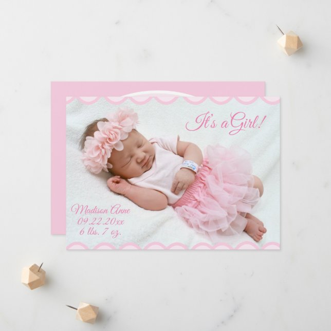 It’s a Girl Script Photo Pink Girly Elegant Birth Announcement (Front/Back In Situ)