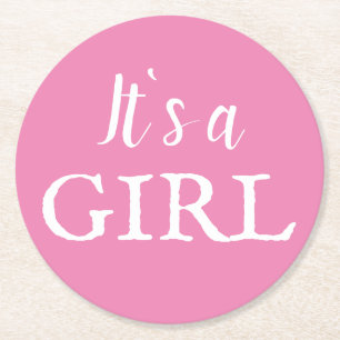 It`s a Girl Typography Pink Baby Girl Baby Shower Round Paper Coaster