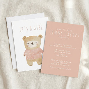 It’s a Girl Watercolor cute Bear Pink Baby Shower Invitation