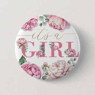 “It’s a Girl” Watercolor Floral Baby Shower Button