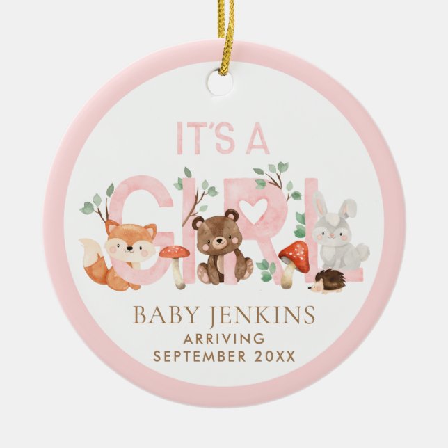 It’s a Girl Woodland Sonogram Photo Christmas Ceramic Ornament (Front)