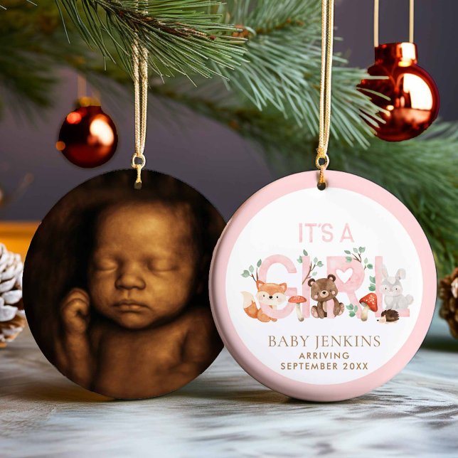 It’s a Girl Woodland Sonogram Photo Christmas Ceramic Ornament (It's a Girl sonogram photo christmas ornament)