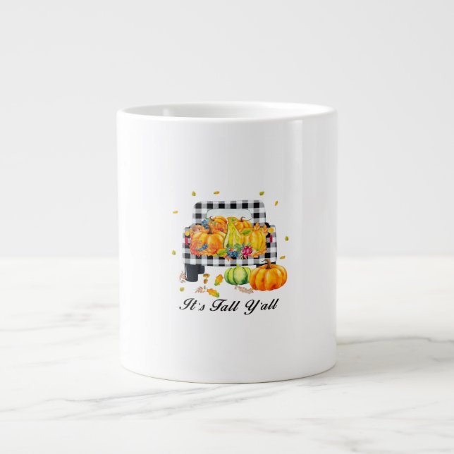 It’s Fall Y’all Autumn Pumpkin Plaid Large Coffee Mug (Front)