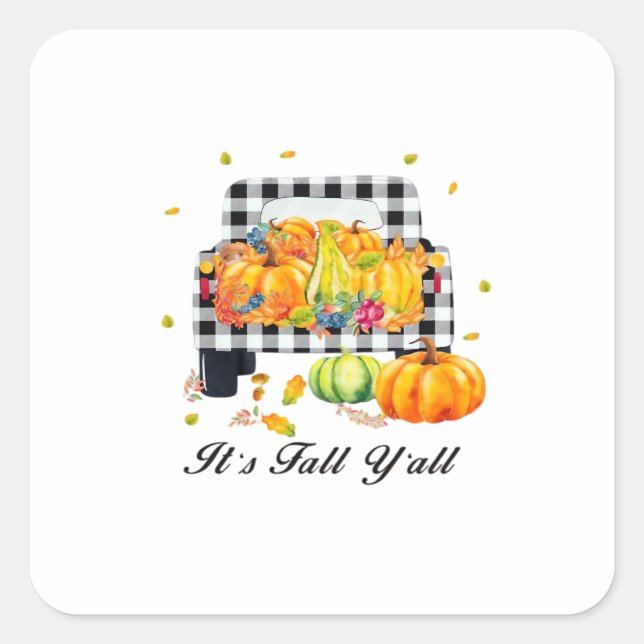 It’s Fall Y’all Autumn Pumpkin Plaid Square Sticker (Front)