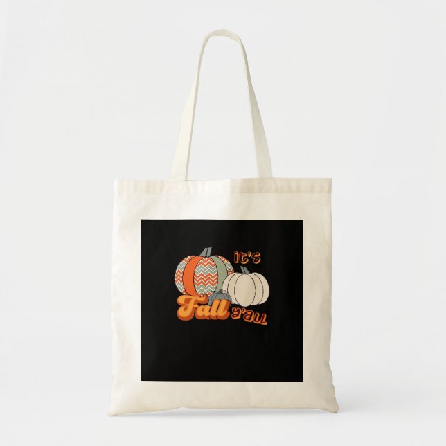 It’s Fall Y’all, Funny Pumpkins Chevron Pattern Tote Bag (Front)