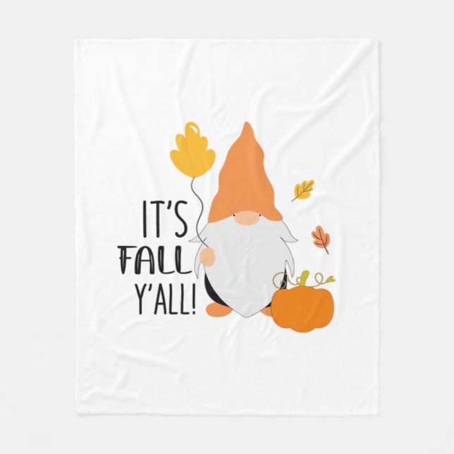 It’s Fall Y’all Gnome Cute Autumn Illustration Gra Fleece Blanket (Front)