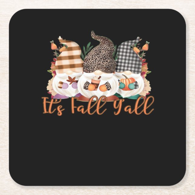 It’s Fall Y’all Gnomes Plaid Leopard Autumn Style Square Paper Coaster (Front)