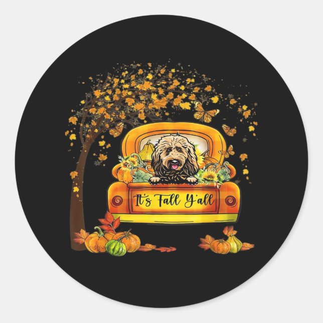 It’s Fall Y’all Goldendoodle Thanksgiving Pumpkin Classic Round Sticker (Front)