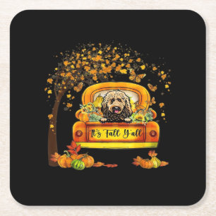 It’s Fall Y’all Goldendoodle Thanksgiving Pumpkin Square Paper Coaster
