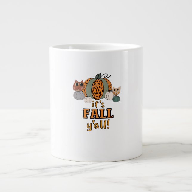 It’s Fall Y’all, Leopard Pumpkins And Owls Large Coffee Mug (Front)