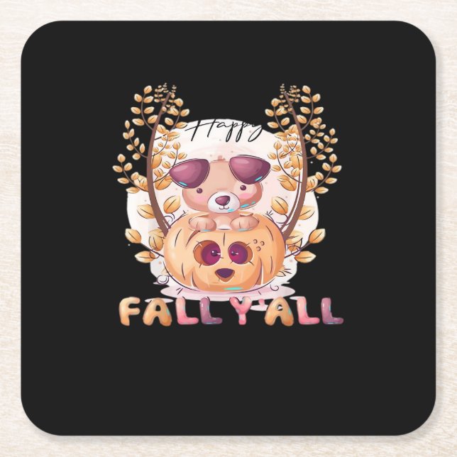 It’s Fall Y’all Pumpkin Autumn Halloween Cat Fall  Square Paper Coaster (Front)