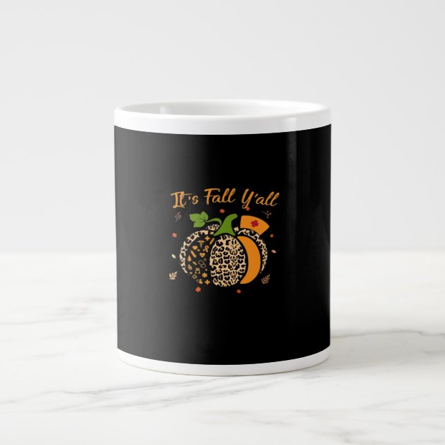 It’s Fall Y’all Pumpkin Leopard Nurse Halloween  Large Coffee Mug (Front)