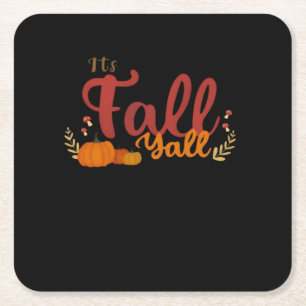 It’s Fall Y’all Pumpkins and Mushrooms Autumn Square Paper Coaster