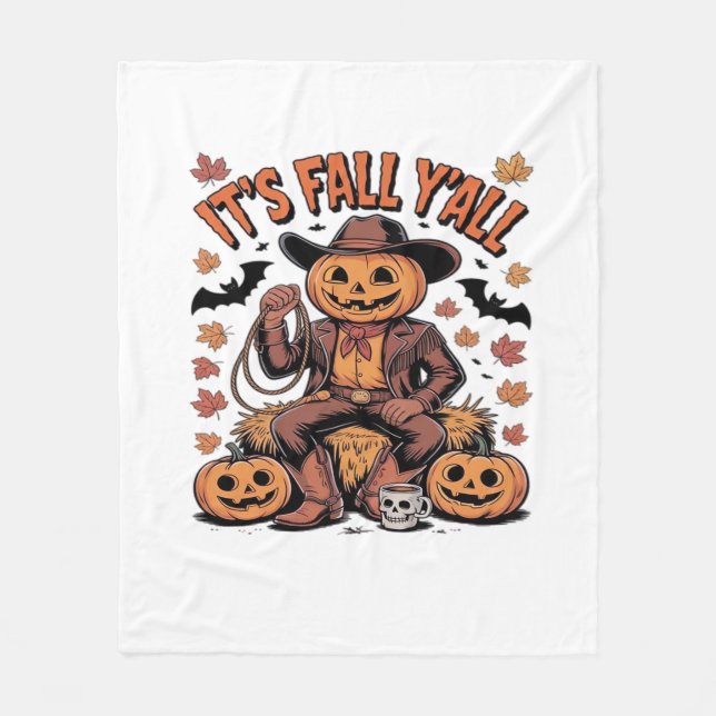 It’s Fall Y’all Western Cowboy Pumpkin Halloween Fleece Blanket (Front)