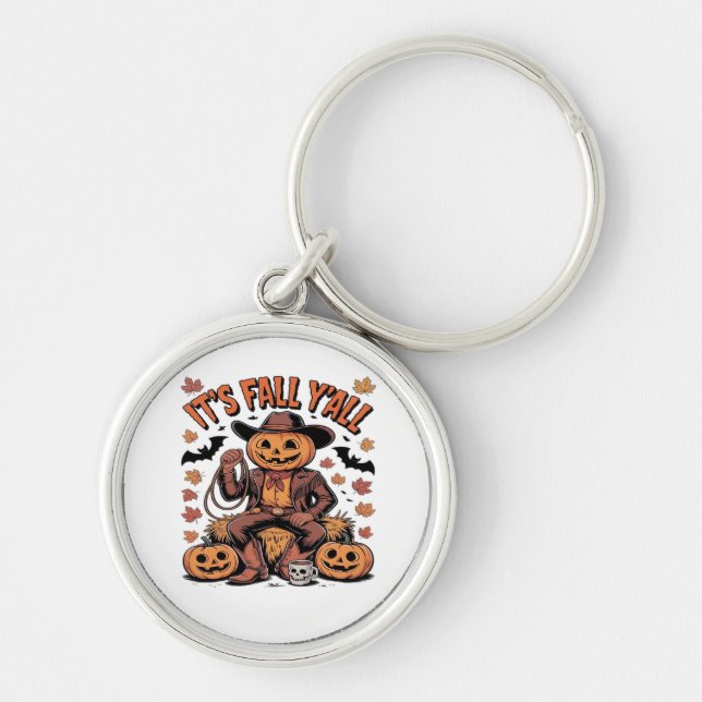 It’s Fall Y’all Western Cowboy Pumpkin Halloween Key Ring (Front)