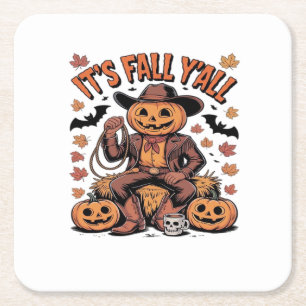 It’s Fall Y’all Western Cowboy Pumpkin Halloween Square Paper Coaster