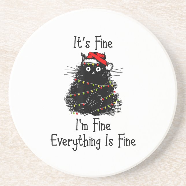 It’s Fine Everything is Fine Christmas Light Black Coaster (Front)