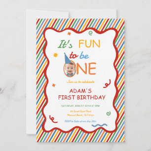 It’s Fun to Be One Colourful Stripe Birthday Photo Invitation