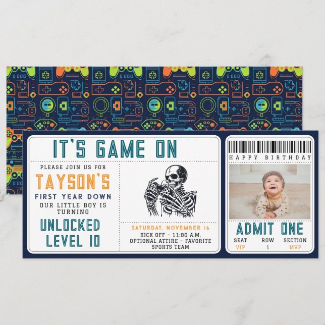 It’s Game On Skull – Video Game Birthday Party Invitation (Front/Back)