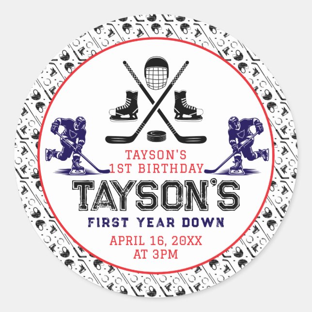 It’s Game Time Hockey 1st Birthday Party Classic Round Sticker (Front)