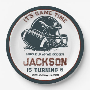 It’s game time! Kick off football birthday kids Paper Plate
