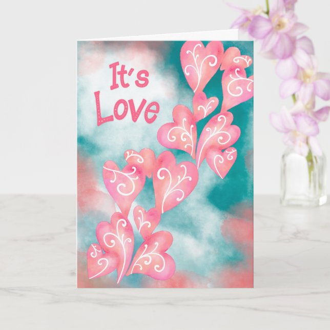 It’s Love – Pink & Teal Heart Cascade Card (Orchid)