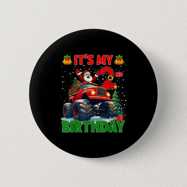 It’s My 2nd Birthday Xmas Santa Monster Truck Chri 6 Cm Round Badge (Front)