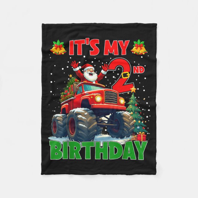It’s My 2nd Birthday Xmas Santa Monster Truck Chri Fleece Blanket (Front)